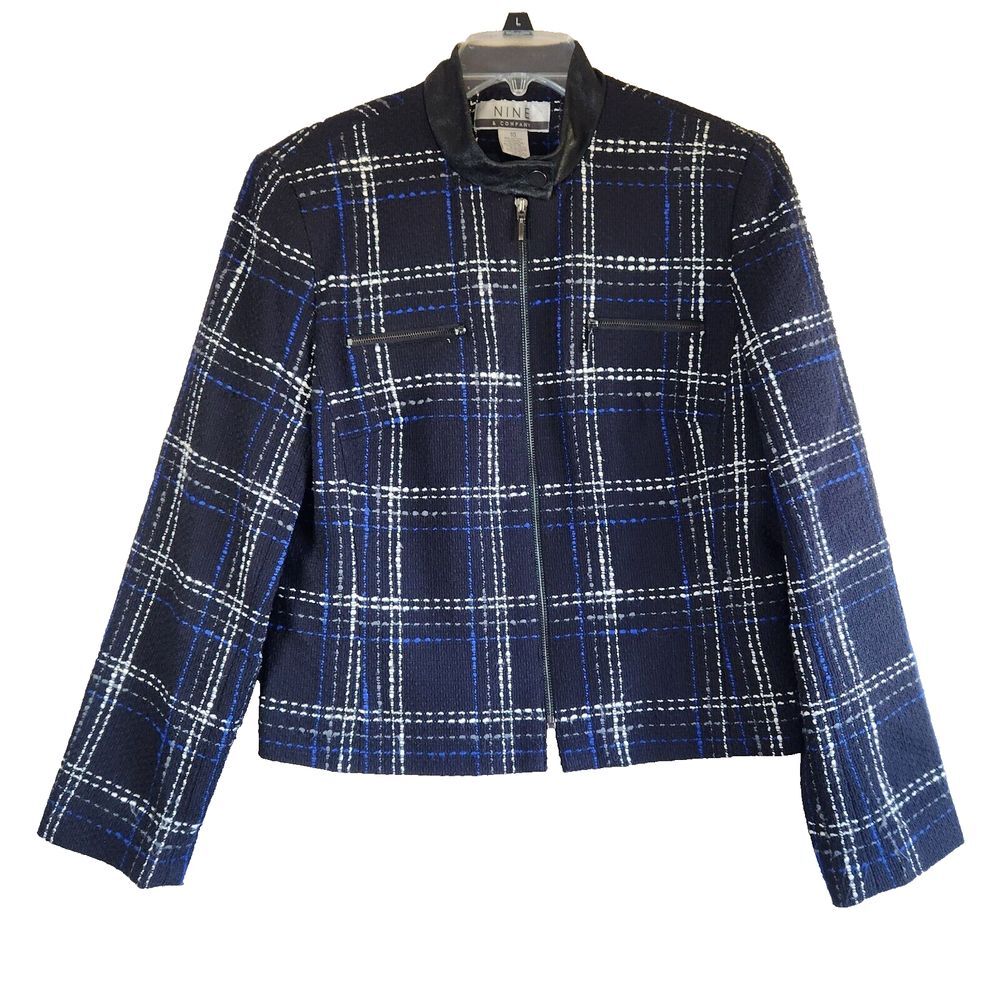 Nine & Company Womens Size 10 Casual Zippered Blazer Blue Plaid Lined Vintage‎